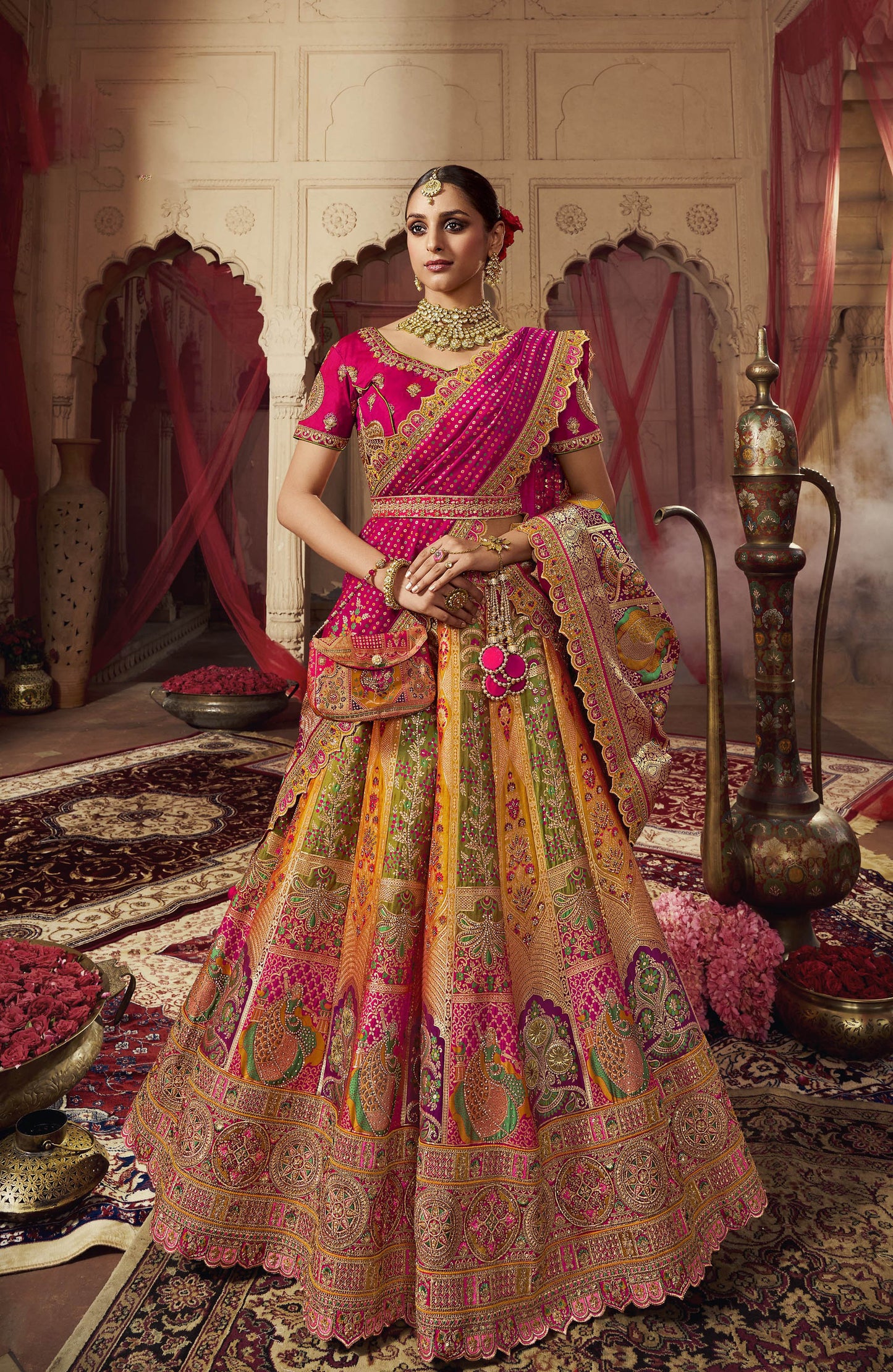Multi Color Banarasi Silk Sequins Work  Bridal Lehenga
