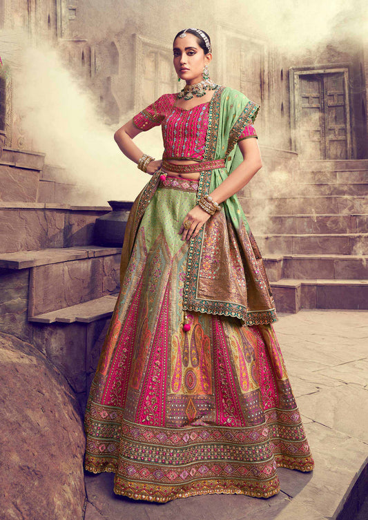 Pink and Sea Green Silk Resham Embroidered Bridal Lehenga Choli