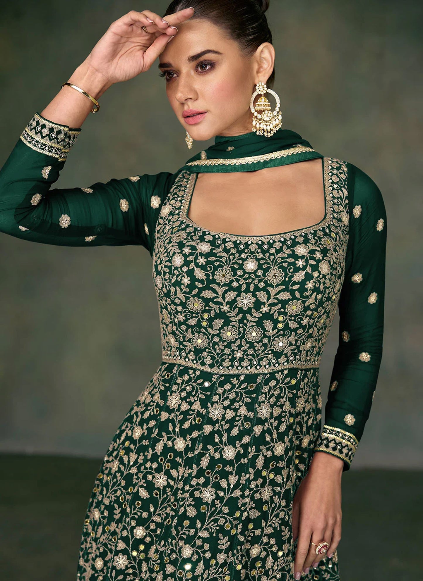 Green Mirror work Georgette Surya Anarkali