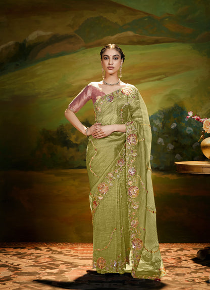 Green Cut work Embroidered Kajal Festive Saree