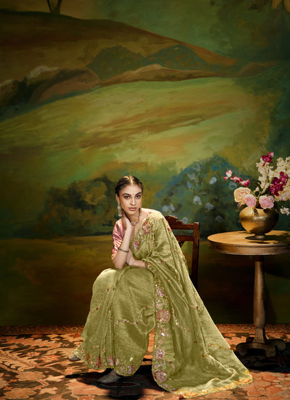Green Cut work Embroidered Kajal Festive Saree