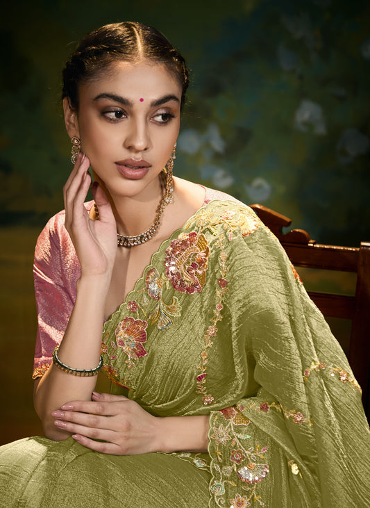 Green Cut work Embroidered Kajal Festive Saree