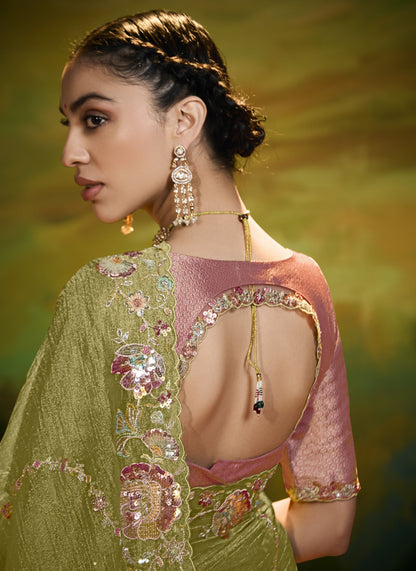 Green Cut work Embroidered Kajal Festive Saree