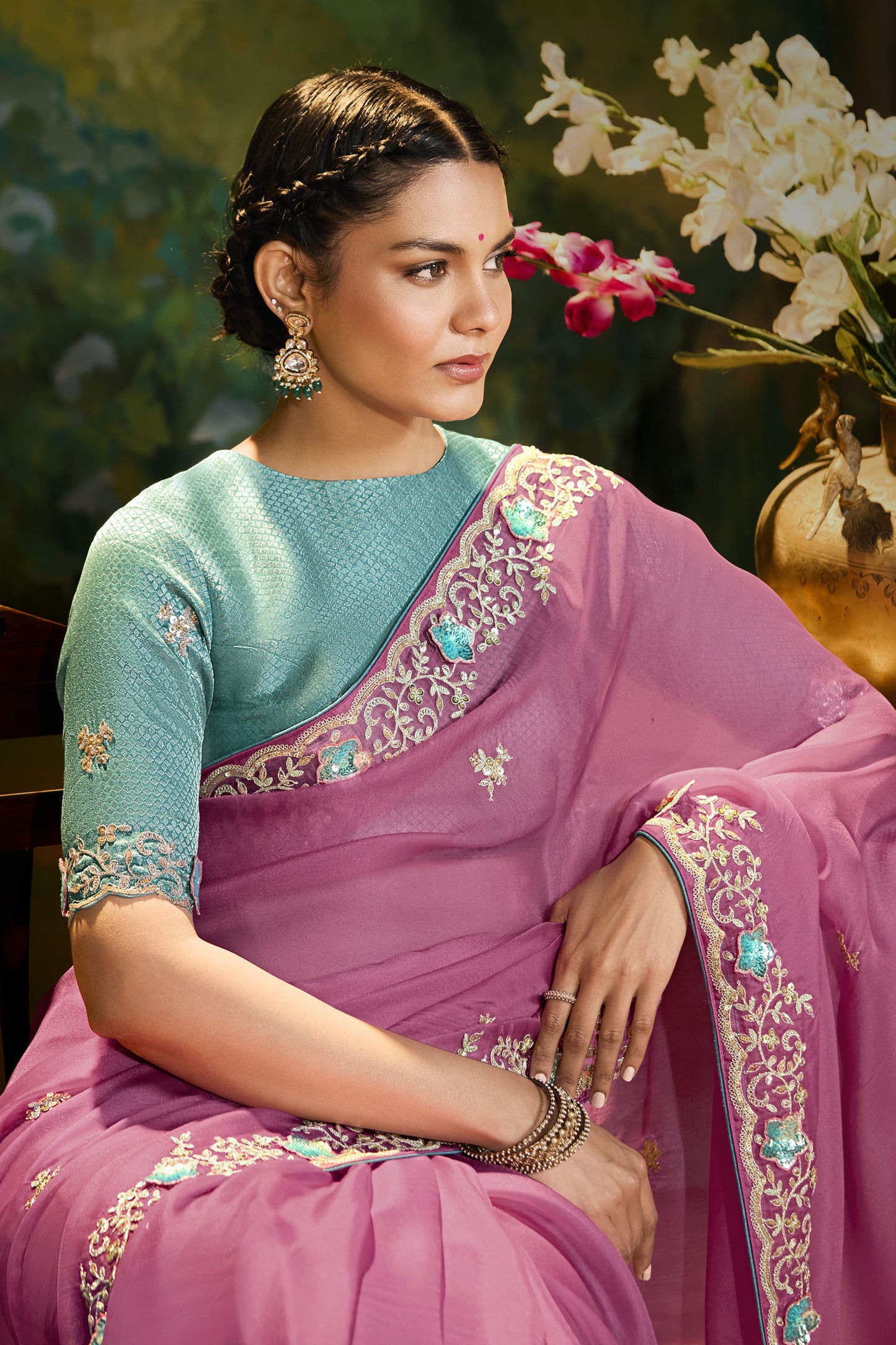 Pink Cut work Embroidered Kajal Festive Saree