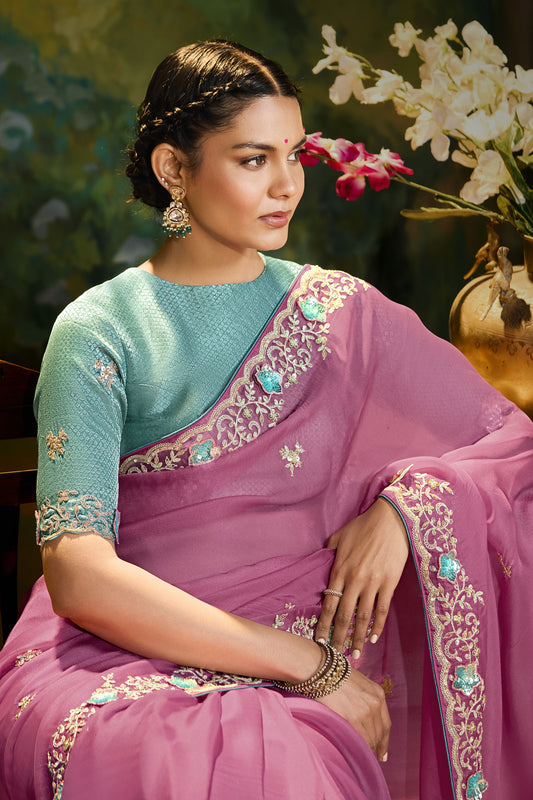 Pink Cut work Embroidered Kajal Festive Saree