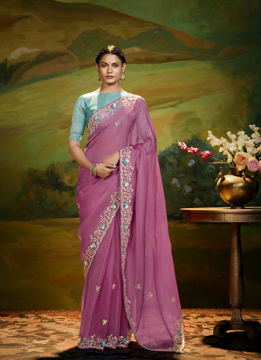 Pink Cut work Embroidered Kajal Festive Saree