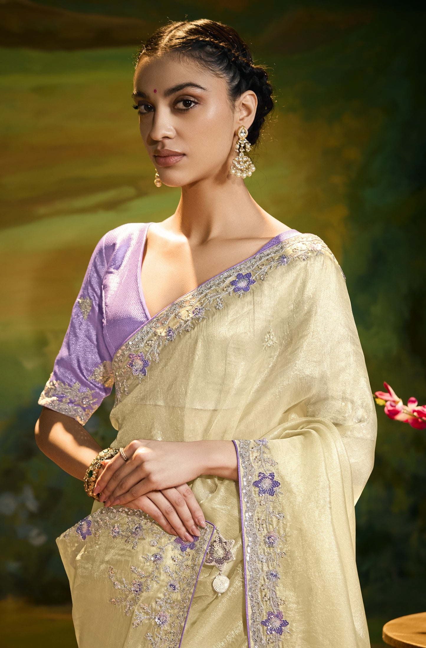 Cream Cut work Embroidered Kajal Festive Saree