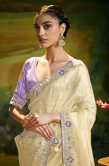 Cream Cut work Embroidered Kajal Festive Saree