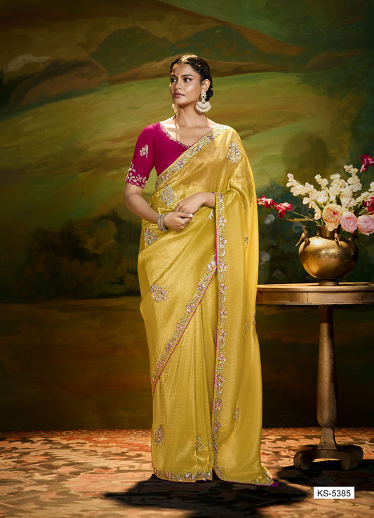 Yellow Cut work Embroidered Kajal Festive Saree
