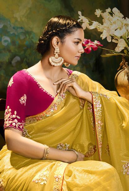 Yellow Cut work Embroidered Kajal Festive Saree