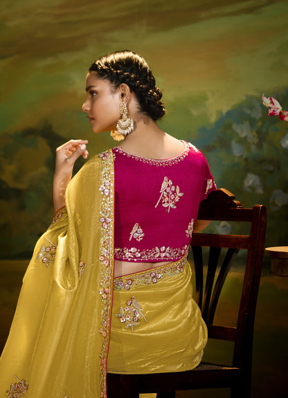 Yellow Cut work Embroidered Kajal Festive Saree