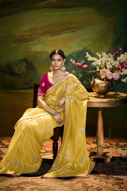 Yellow Cut work Embroidered Kajal Festive Saree
