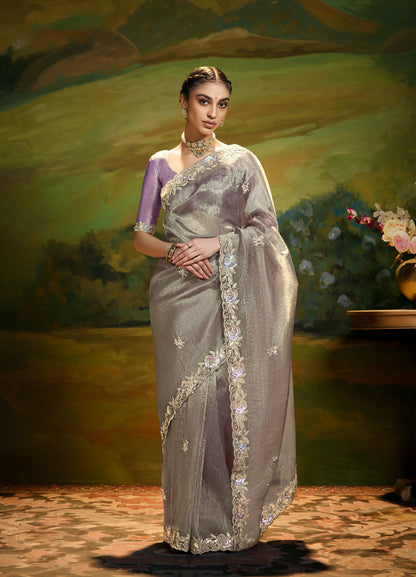 Dark Grey Cut work Embroidered Kajal Festive Saree
