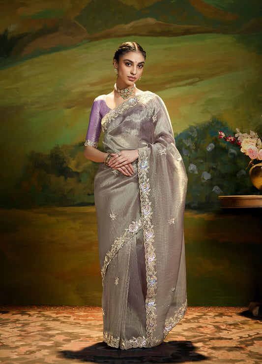 Dark Grey Cut work Embroidered Kajal Festive Saree