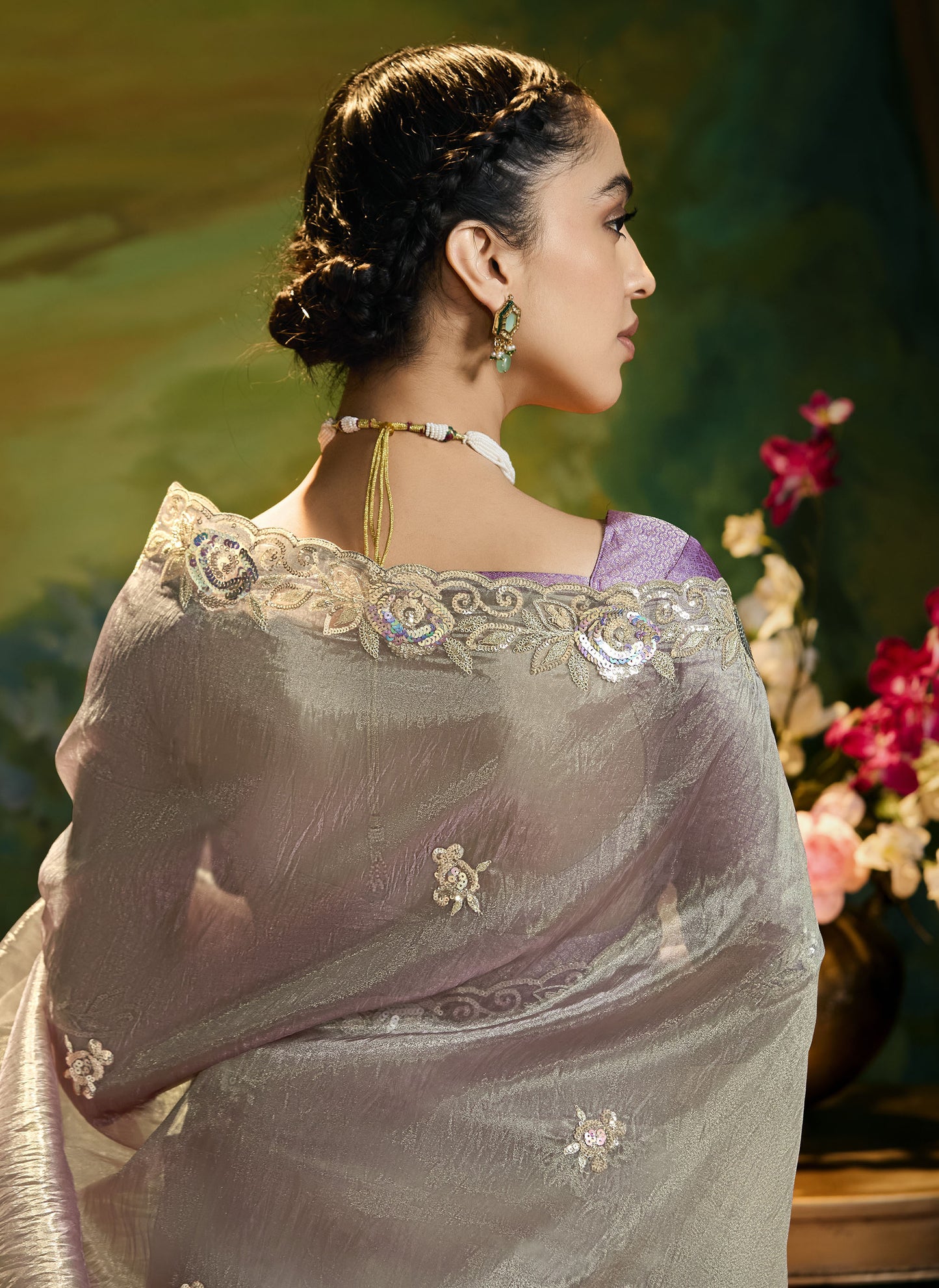 Dark Grey Cut work Embroidered Kajal Festive Saree