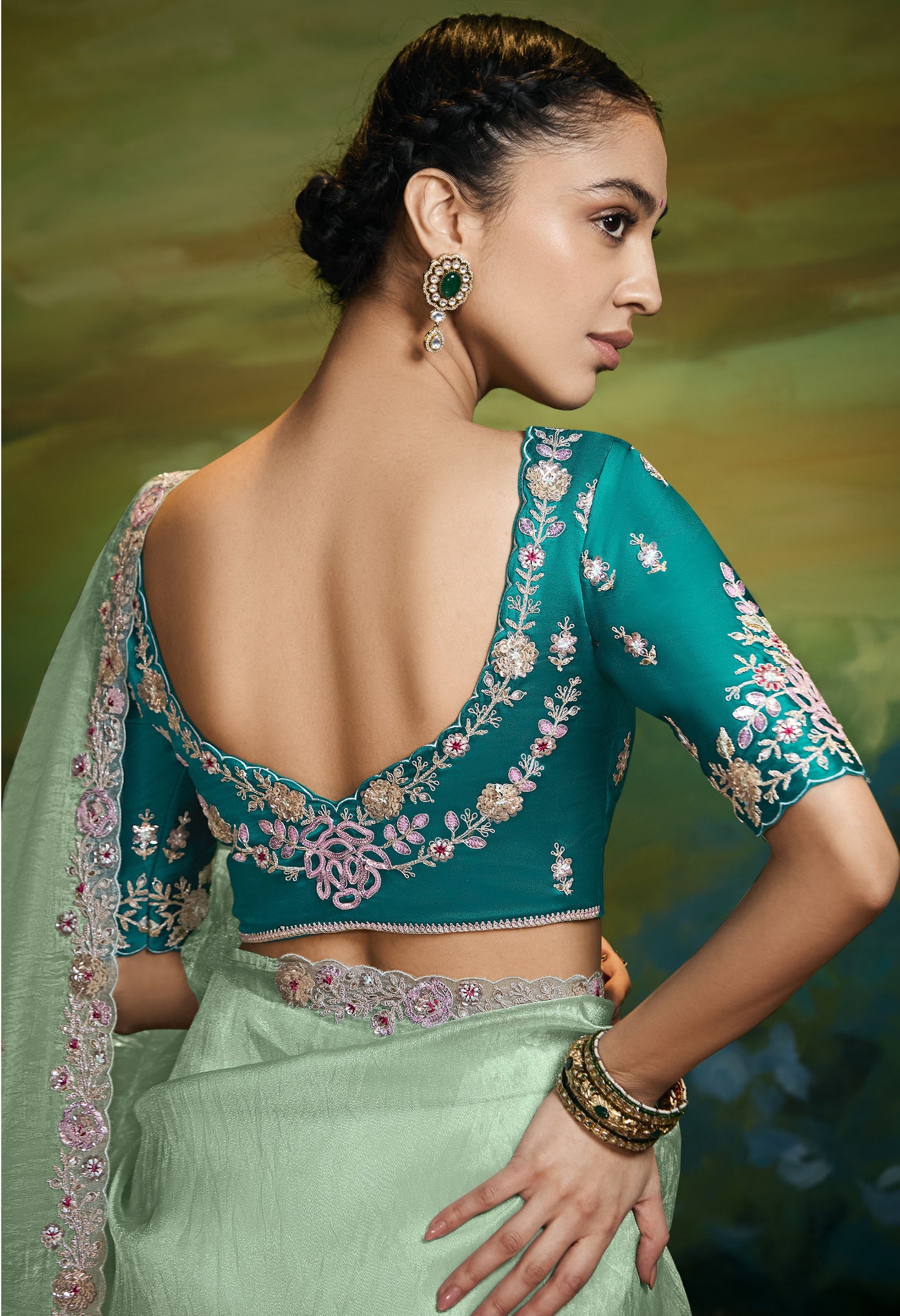 Mint Green Cut work Embroidered Kajal Festive Saree