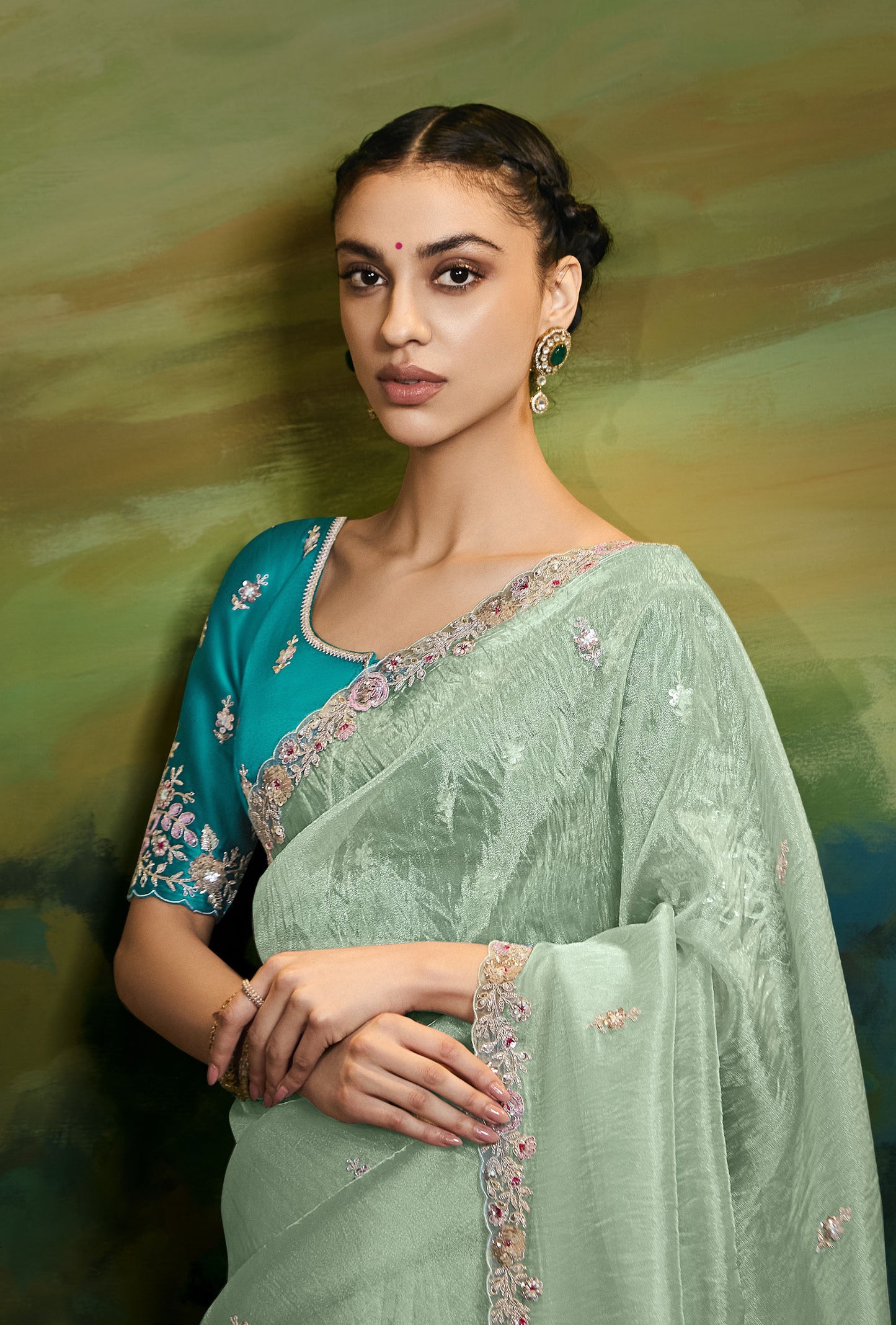 Mint Green Cut work Embroidered Kajal Festive Saree