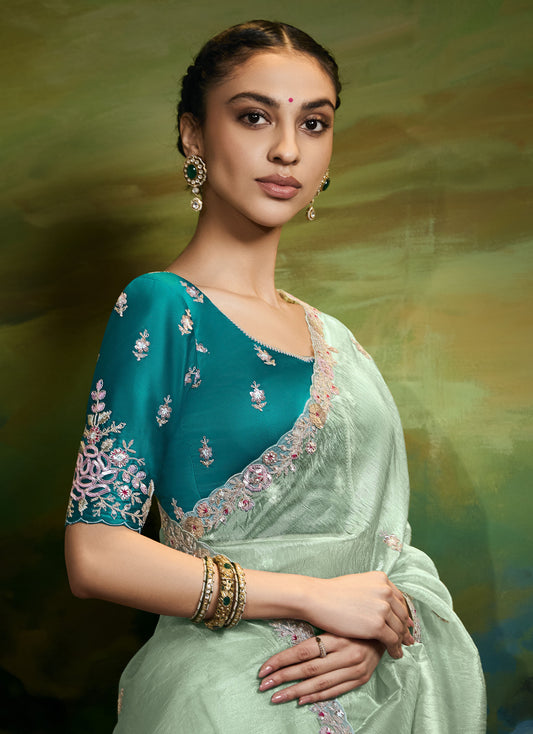 Mint Green Cut work Embroidered Kajal Festive Saree