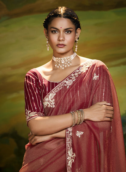 Red Cut work Embroidered Kajal Festive Saree