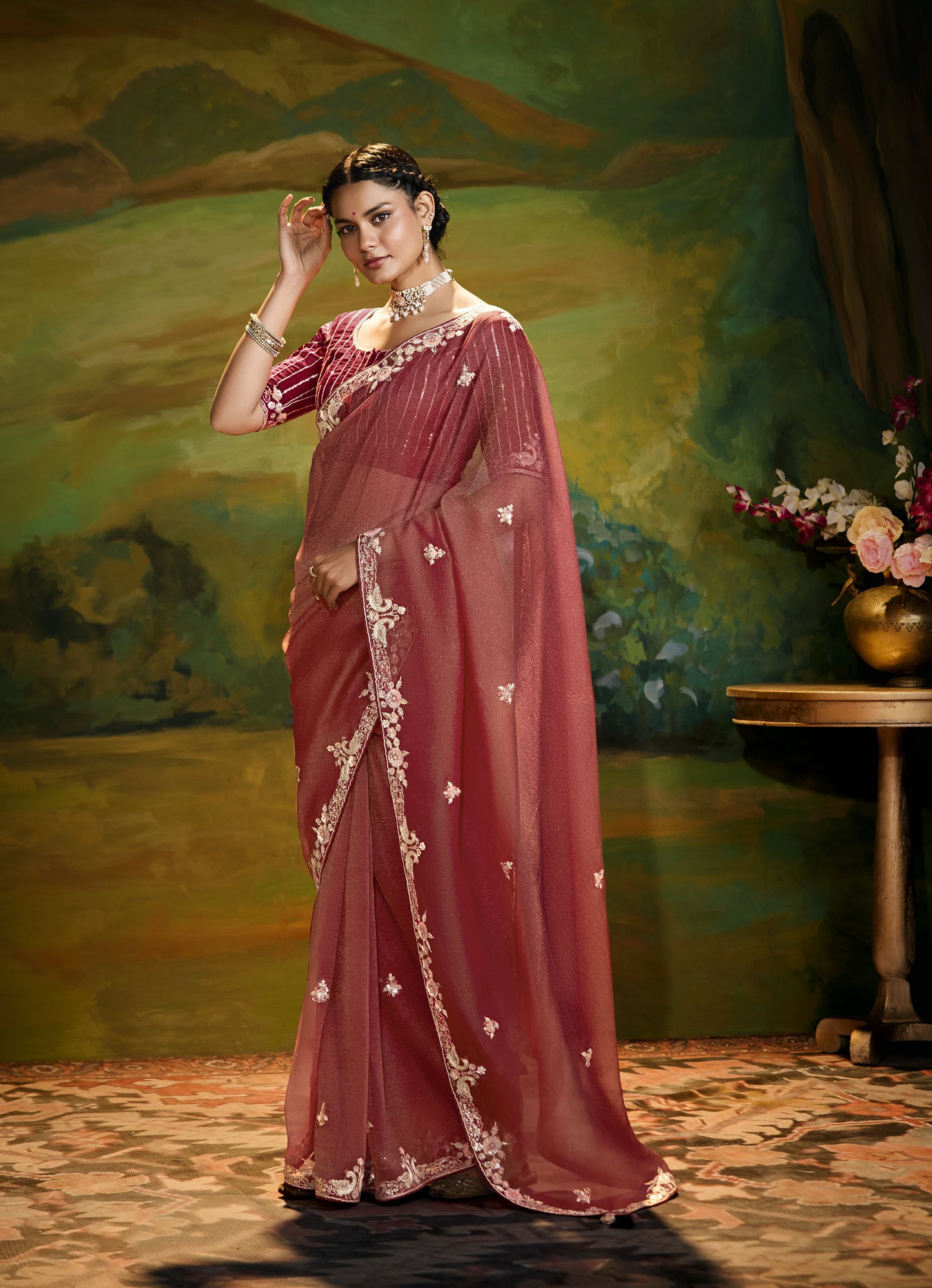 Red Cut work Embroidered Kajal Festive Saree