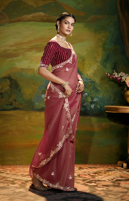 Red Cut work Embroidered Kajal Festive Saree