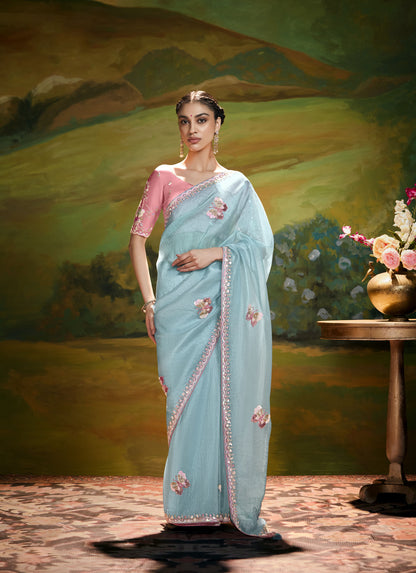 Blue Cut work Embroidered Kajal Festive Saree