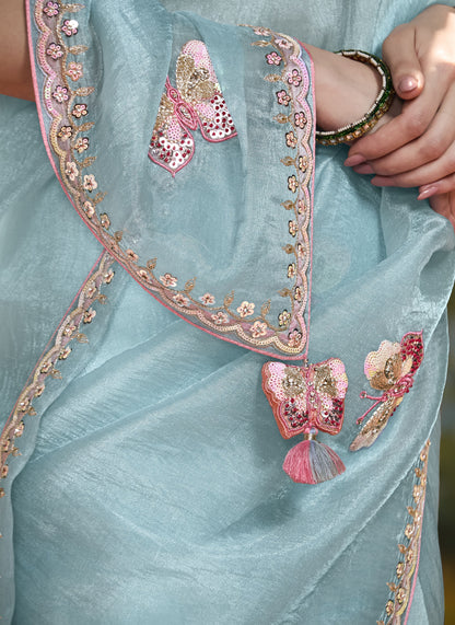 Blue Cut work Embroidered Kajal Festive Saree