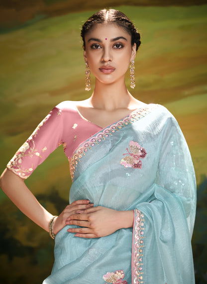 Blue Cut work Embroidered Kajal Festive Saree