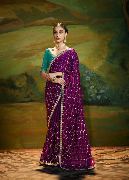 Purple Cut work Embroidered Kajal Festive Saree