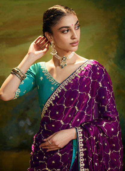 Purple Cut work Embroidered Kajal Festive Saree