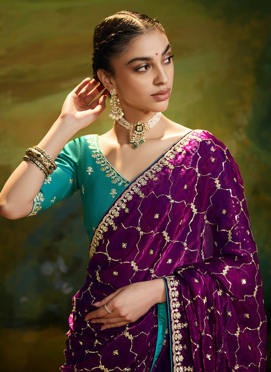 Purple Cut work Embroidered Kajal Festive Saree