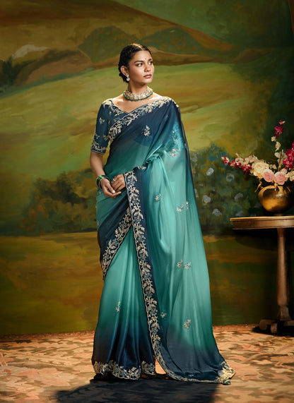 Teal Green Cut work Embroidered Kajal Festive Saree