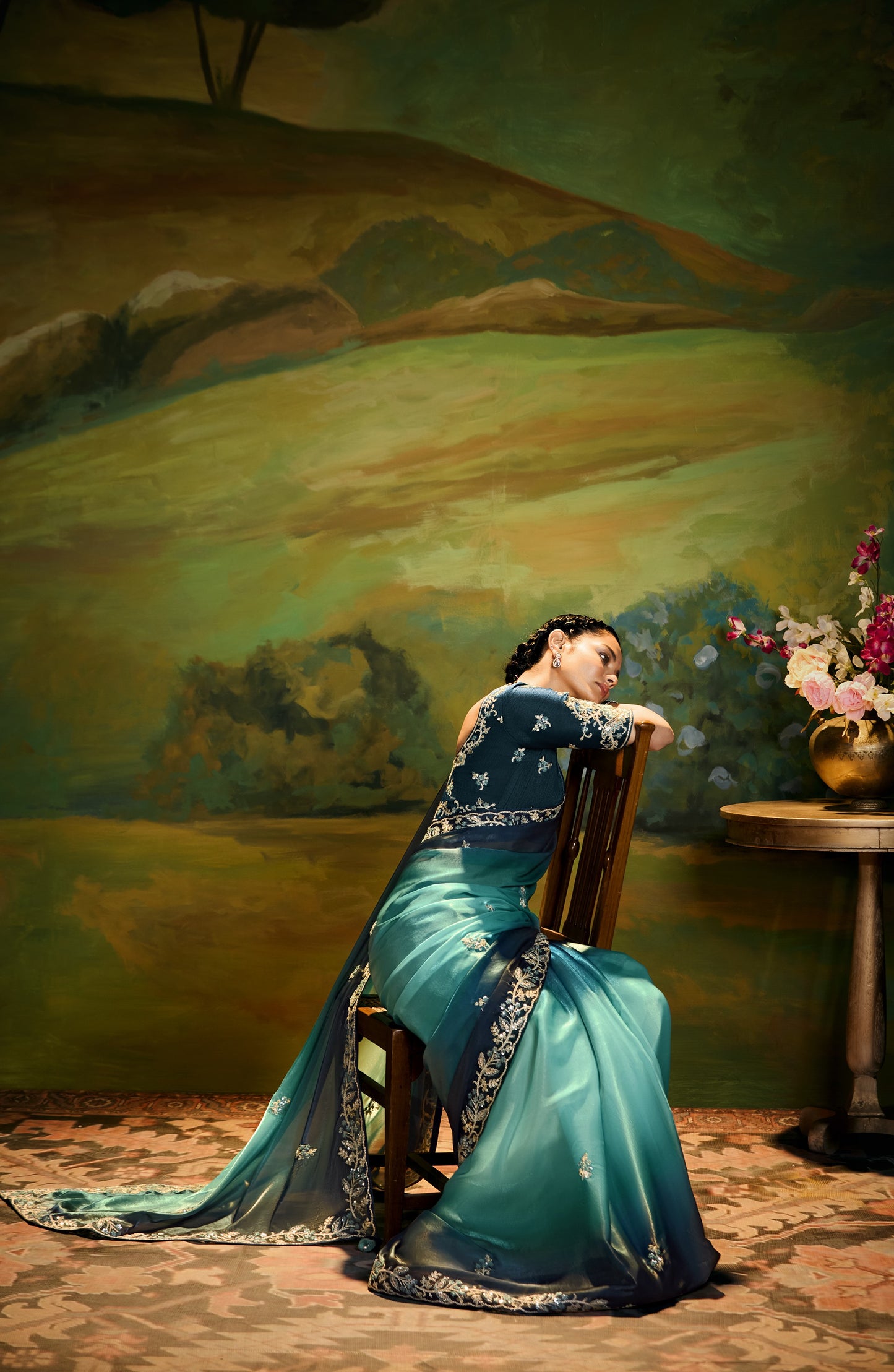 Teal Green Cut work Embroidered Kajal Festive Saree