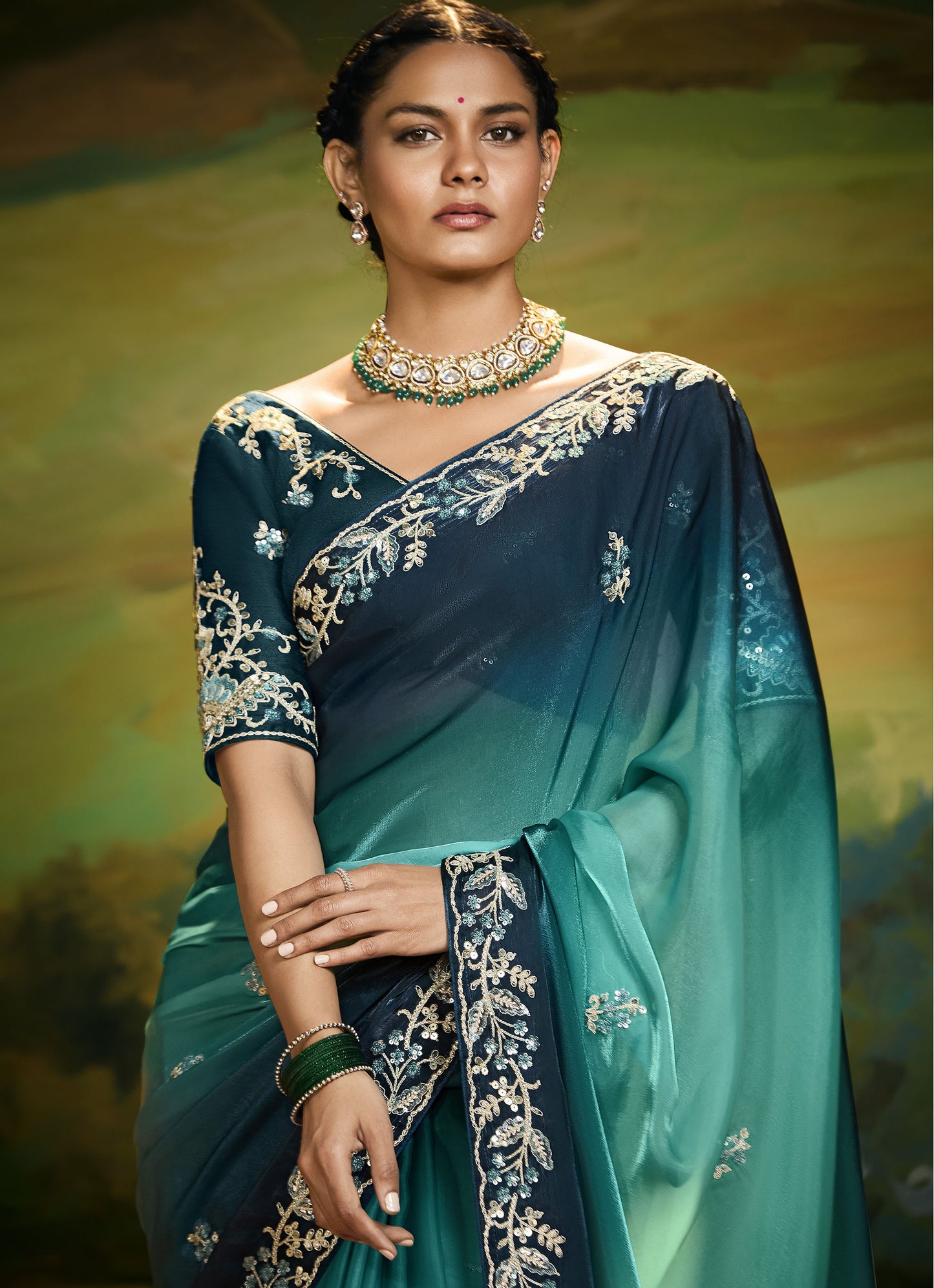 Teal Green Cut work Embroidered Kajal Festive Saree