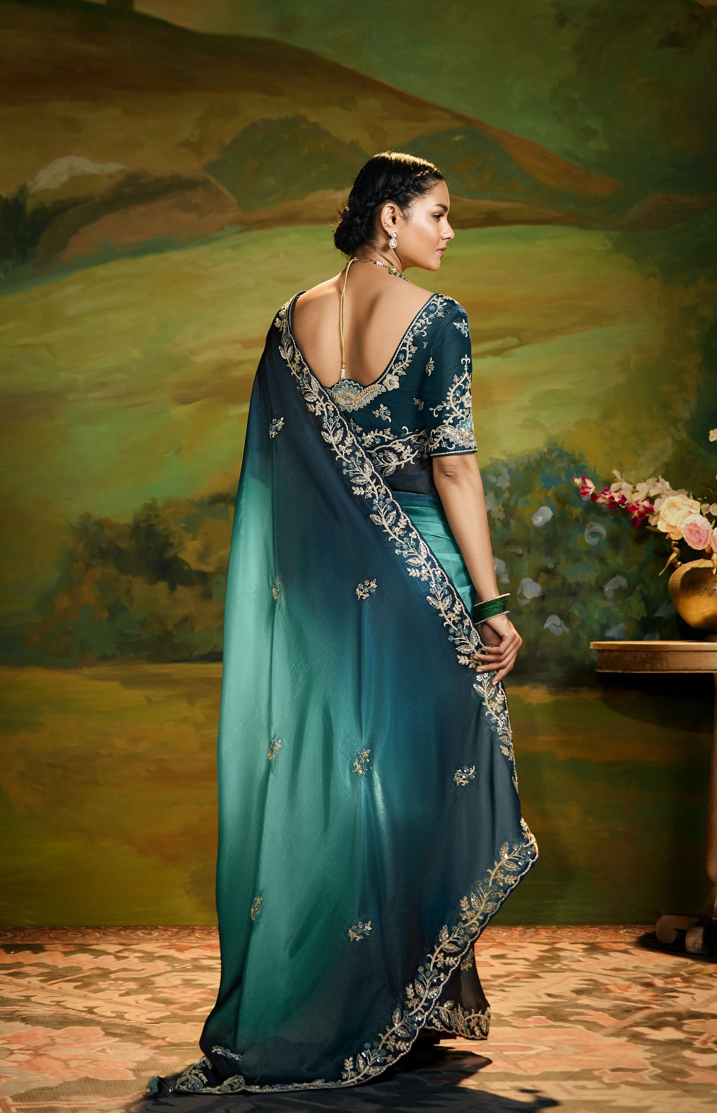 Teal Green Cut work Embroidered Kajal Festive Saree