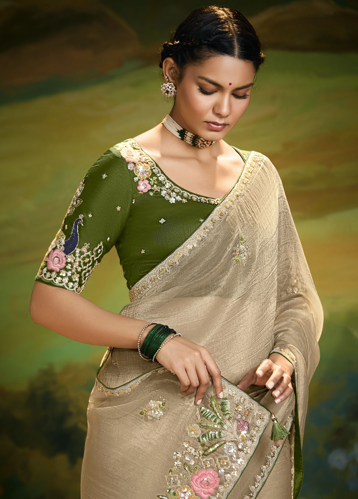 Beige Cut work Embroidered Kajal Festive Saree