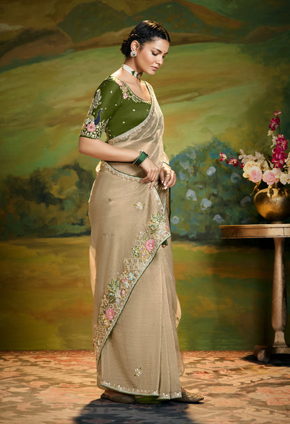 Beige Cut work Embroidered Kajal Festive Saree