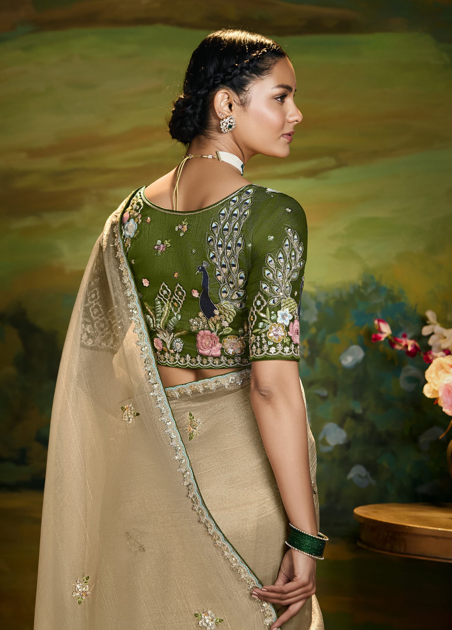 Beige Cut work Embroidered Kajal Festive Saree
