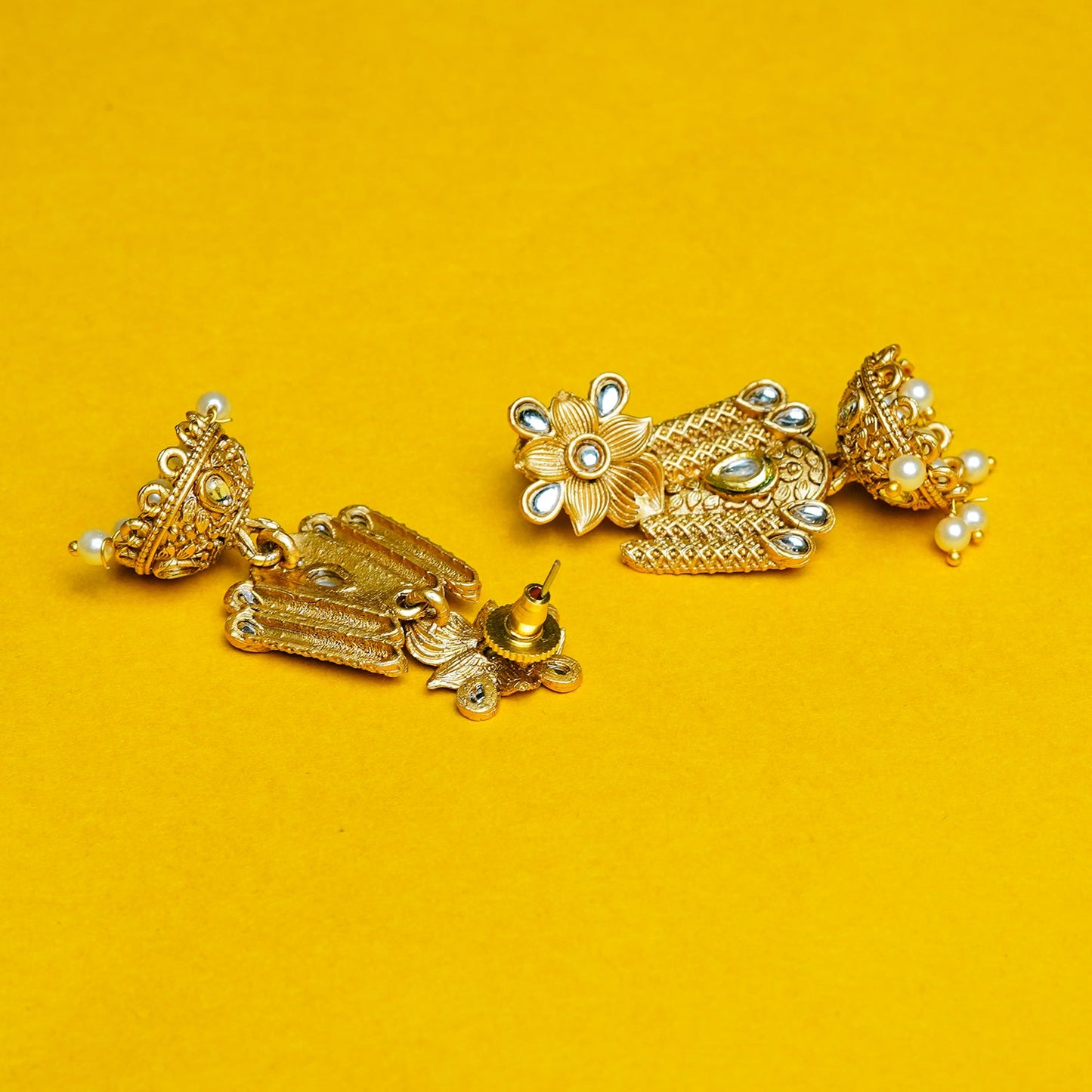 Zevar Club 18K Gold-Plated Red Kundan Stone Studded Floral Drop Earrings with Pearl Jhumka