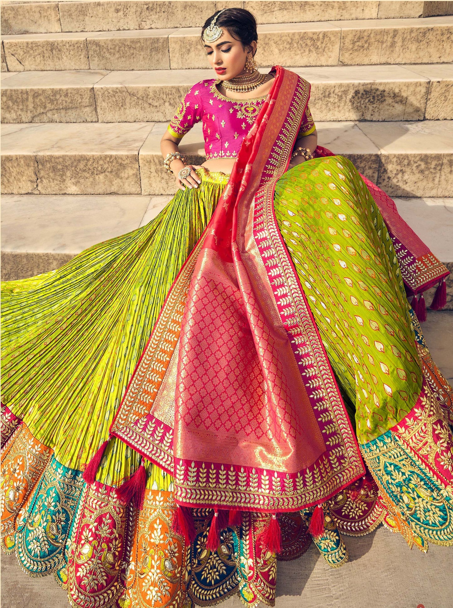 Green and Pink Gota Pati Work Banarasi Silk Bridal Lehenga