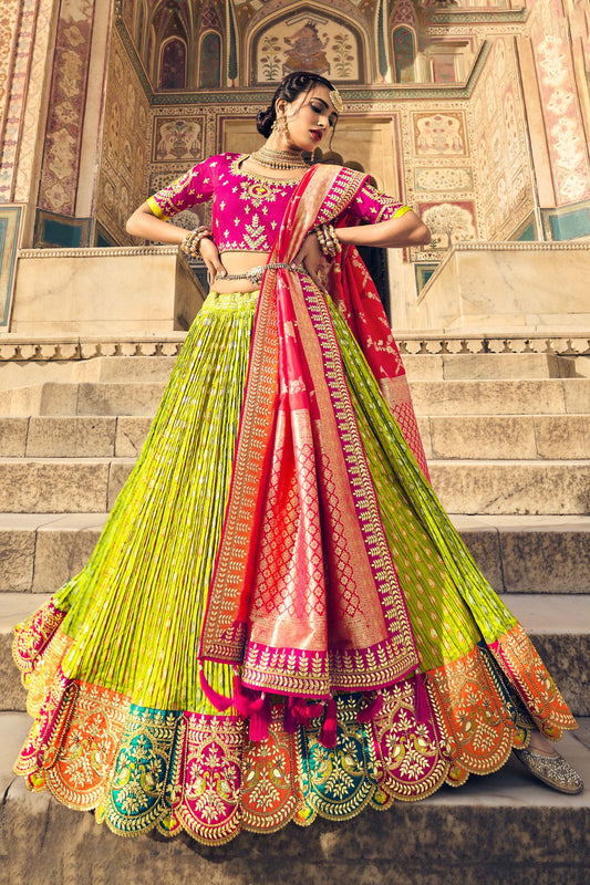Green and Pink Gota Pati Work Banarasi Silk Bridal Lehenga