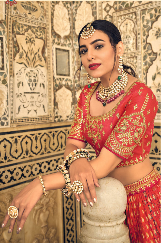 Orange Gota Pati Work Banarasi Silk Bridal Lehenga