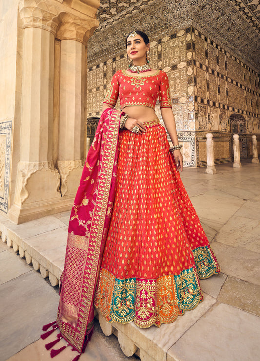 Orange Gota Pati Work Banarasi Silk Bridal Lehenga