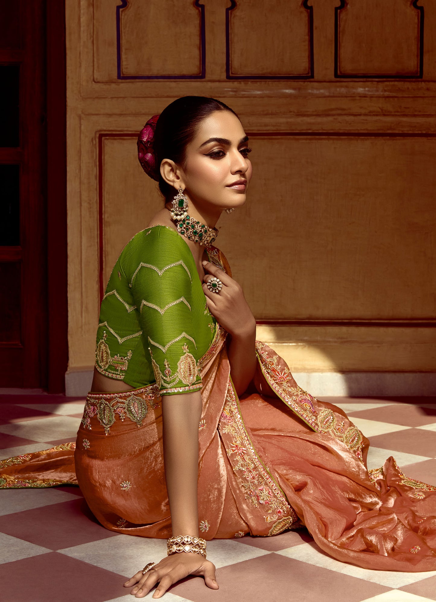 Orange Dhaga and Butti embroidered Pankhudi Saree