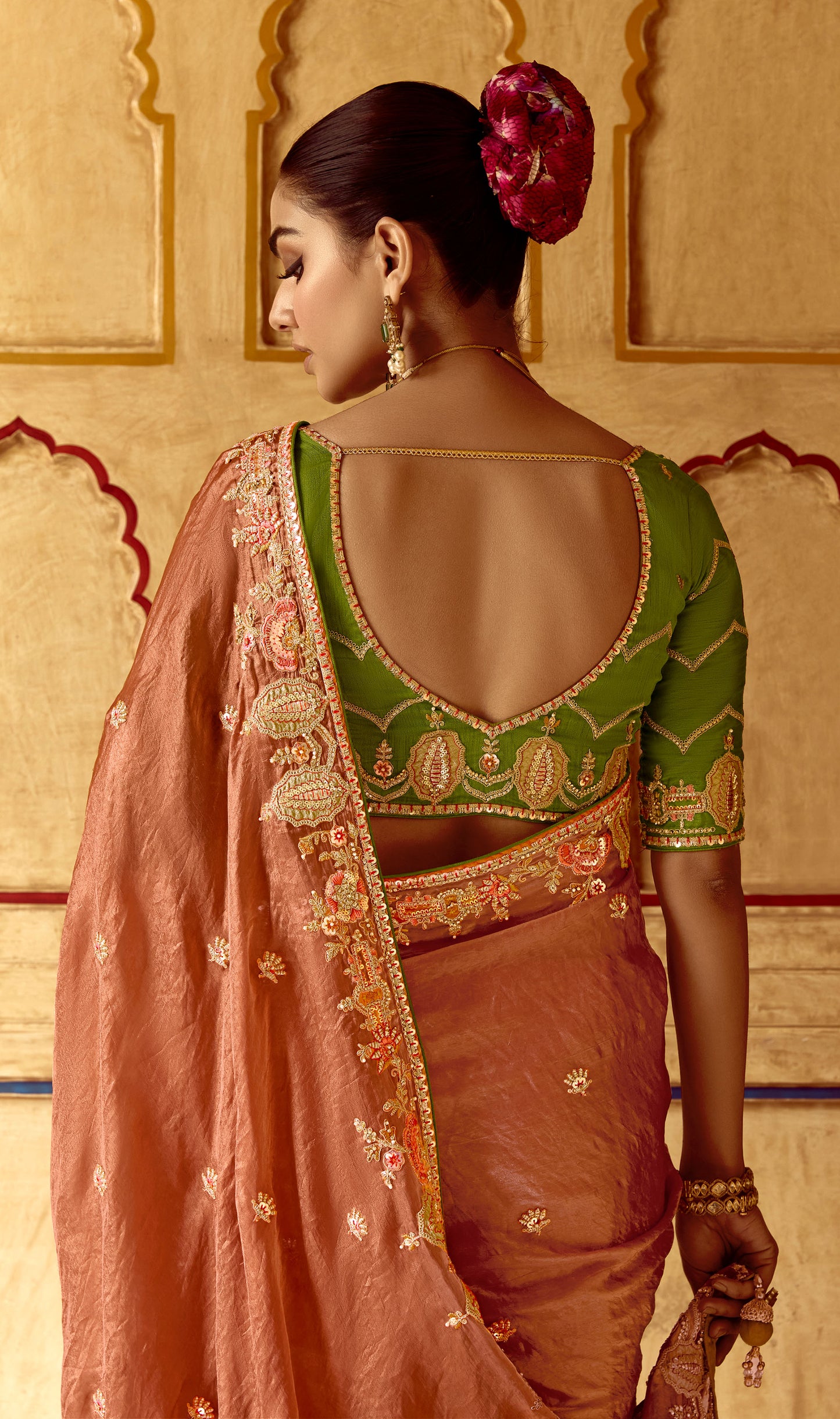 Orange Dhaga and Butti embroidered Pankhudi Saree
