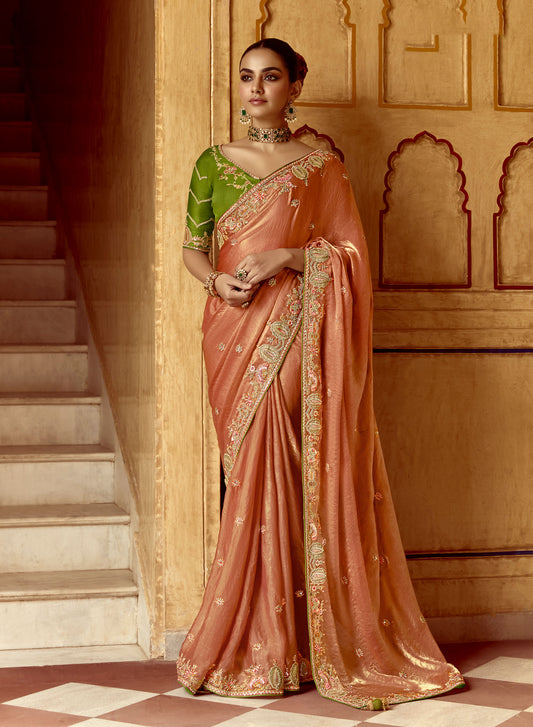 Orange Dhaga and Butti embroidered Pankhudi Saree