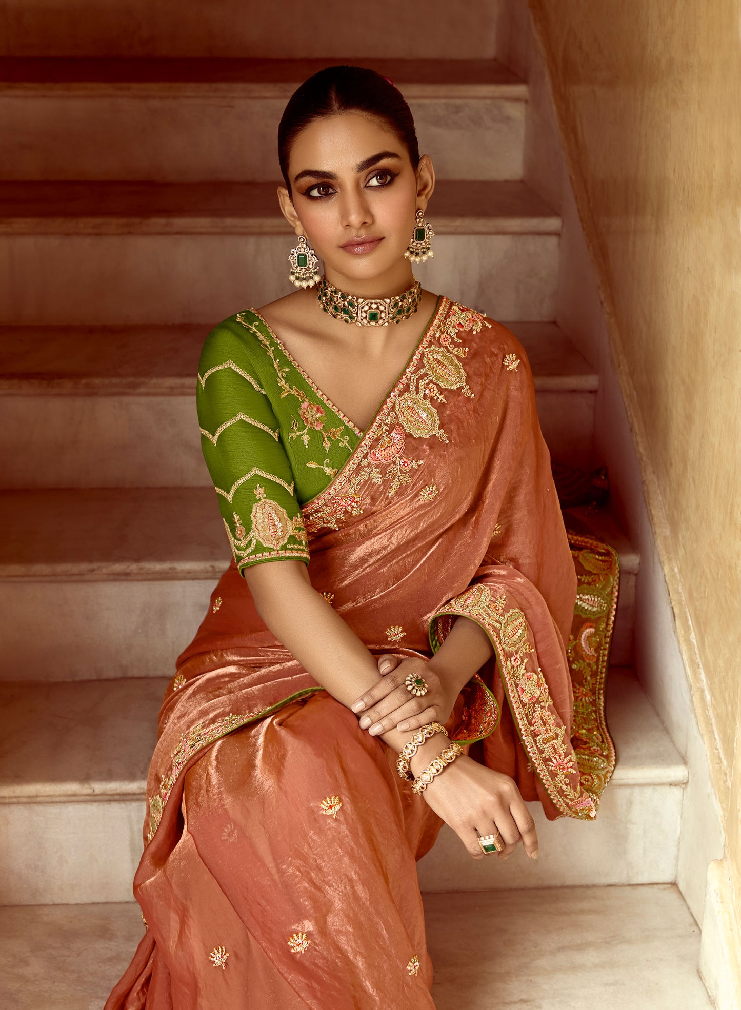 Orange Dhaga and Butti embroidered Pankhudi Saree