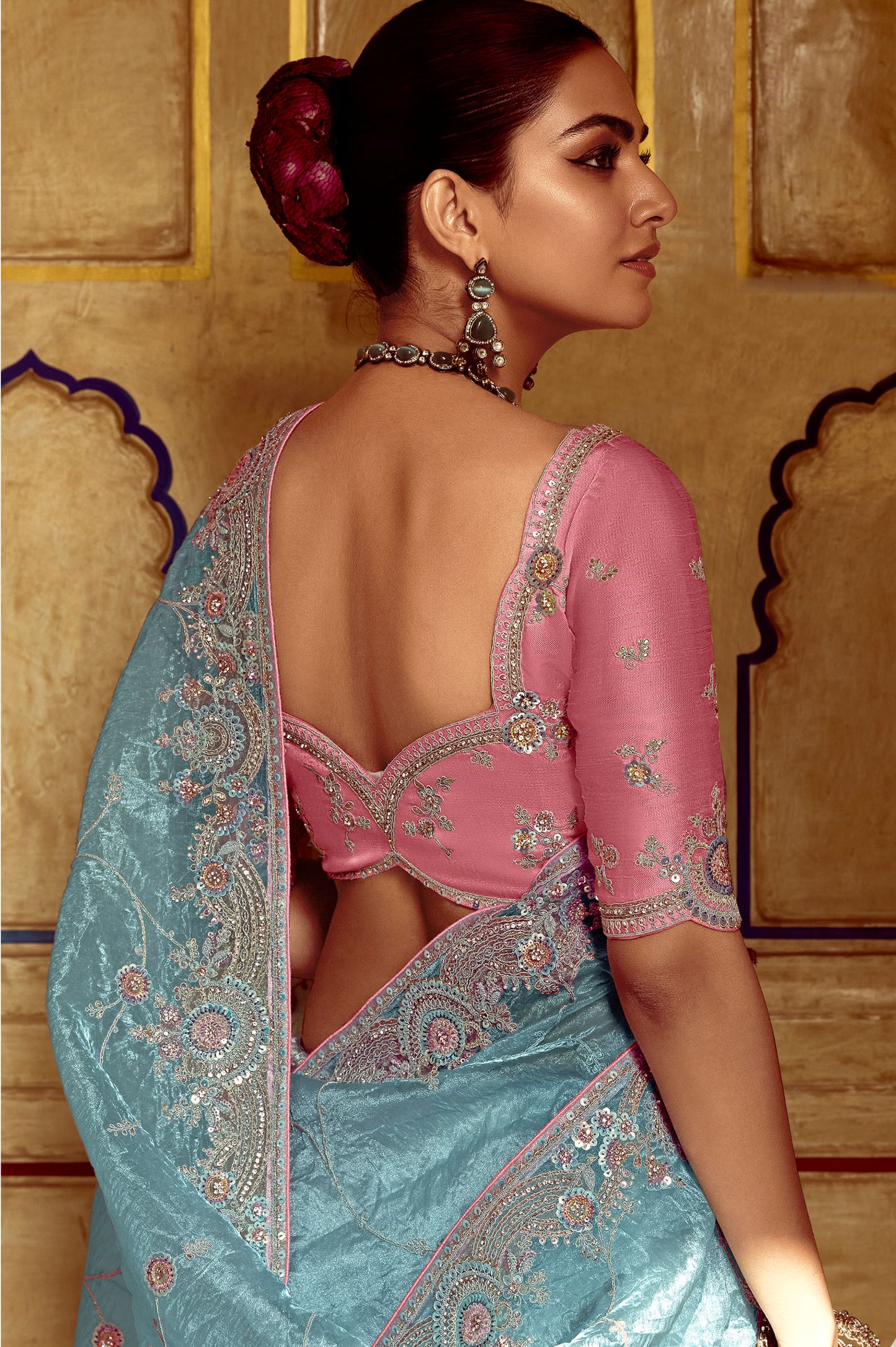 Sky blue Dhaga and Butti embroidered Pankhudi Saree