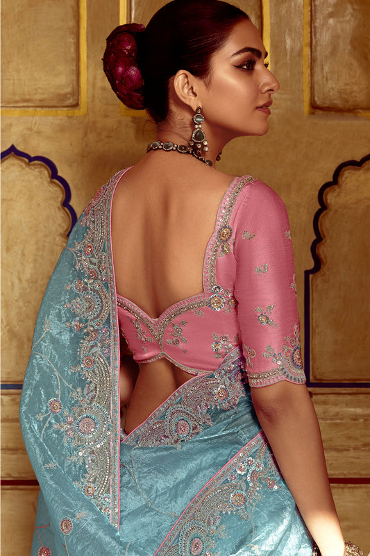 Sky blue Dhaga and Butti embroidered Pankhudi Saree