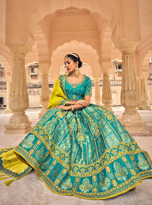 Dark Blue Gota Pati Work Banarasi Silk Bridal Lehenga